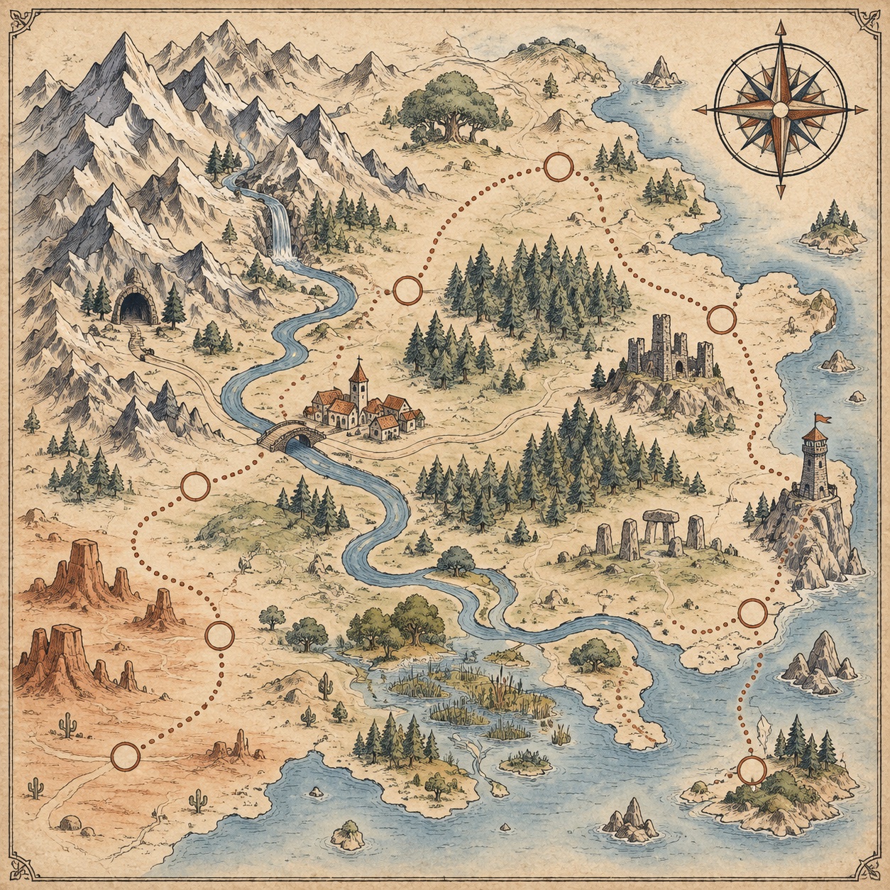 带有路径和里程碑的浅色冒险地图插画